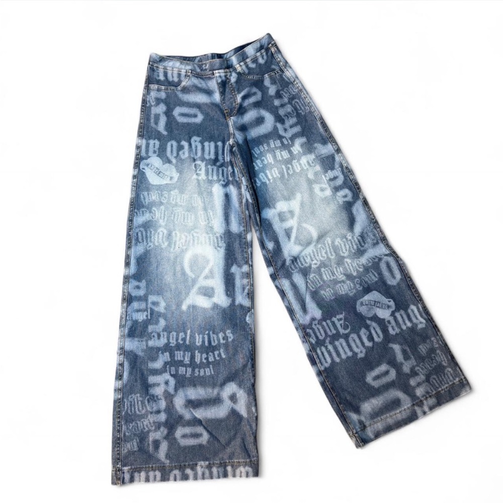 H&M Girls Graphic Wide Leg Jeans Sz 12 Y2K Print Angel Vibes 12 Youth